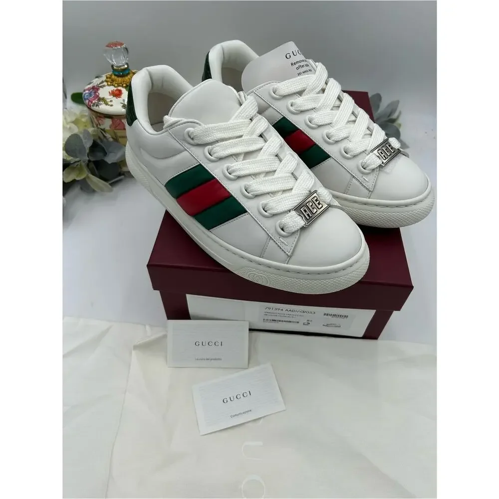 Men's Gucci White Leather ace Sneakers with web, stripe size 8.5 fits 9 US